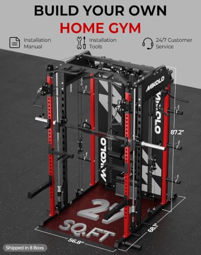Mikolo Smith Machine with Weight Stack, Power Cage Home Gym System with LAT Pulldown & Cable Crossover, Multi-Functional Trainer with Dual Pulley System, Includes 10+ Free Attachments - color: Red