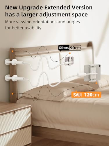 SAIJI Gooseneck Tablet Holder for Bed, One-Hand Adjustable, 47" Length, Upgraded Base, iPad Holder Stand Flexible Lazy Arm, Compatible with iPad/iPhone/Kindle/Switch or Other 4.7-13" Device (White) - color: White