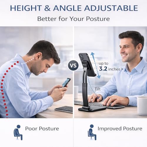 Mizi Portable Cell Phone Stand for Desk - Height & Angle Adjustable Mobile Foldable Holder, Compatible with iPhone 17 16 15 14 13 12 11 Pro Max, Galaxy S25 S24, All 4–10" Devices - Black - size: L311