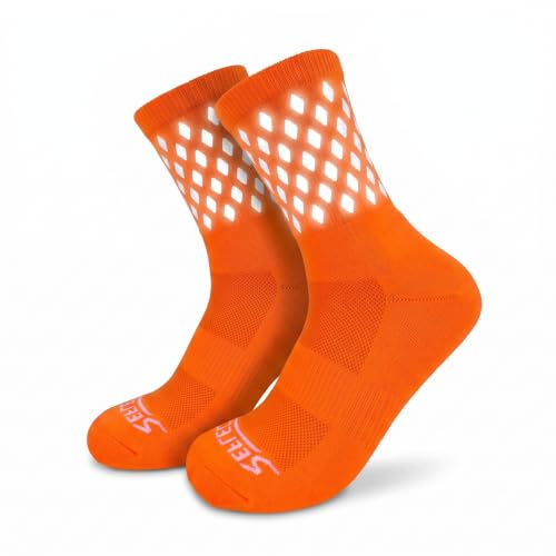 ReflecToes Reflective Socks for cycling and running - 330 Candle Power High Visibility Night Safety Gear - Biomotion Support - color: Orange Vented, size: X-Large
