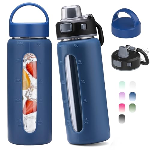 Kodrine 20oz Glass Water Bottle with Straw and 2 Lids Leakproof, Blue - color: Blue, size: 20 Ounces