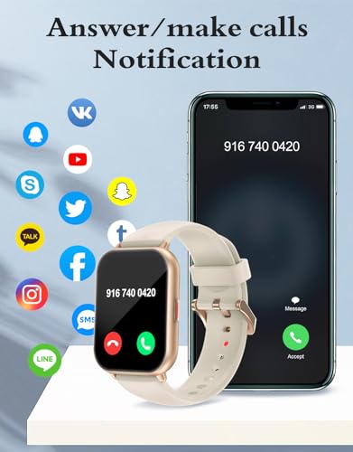 RUIMEN Smart Watches for Women Men (Answer/Make Call, 2 Bands), 1.8", Cream - color: Black-gold