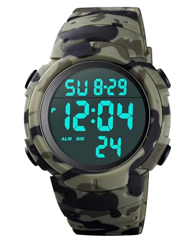 CakCity Digital Watch Mens, Waterproof Sport Wristwatch, Referee Stopwatch - color: Green Camouflage