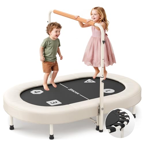 BCAN BT6 56" Double Mini Trampoline for Kids, Foldable Indoor, Handlebar - color: White