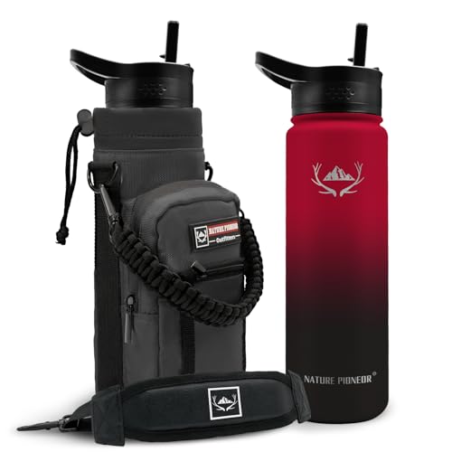 NATURE PIONEOR 24 oz Insulated Water Bottle with Carrier Bag & 3 Lids - color: Red Black, size: 24 Ounces
