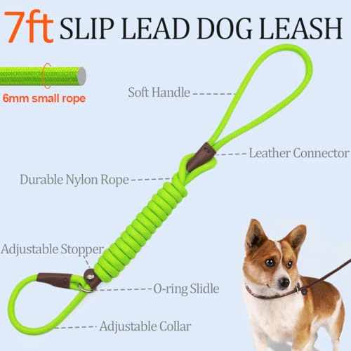 MayPaw Slip Lead Control Leash for Dogs No Pull, 13+ Colors Classic Dog Lead 7 FT Pet Slip Leash, 1/4” Rope Leashes for Small Medium Animals (7ft*1/4", Green) - color: green