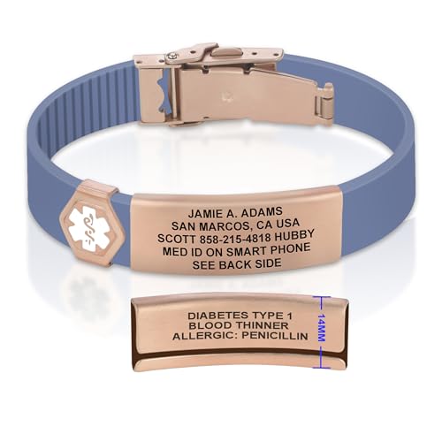 Divoti Custom Dual-Sided Engraved Silicone Medical Alert ID Wristband w/Security Clasp & Trim-to-Fit Band - Style - color: Carmella Blue / PVD Rose Gold / White, size: Band Width - 13mm