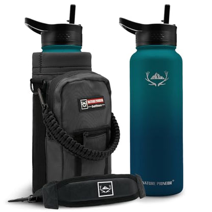 NATURE PIONEOR 40 oz Insulated Water Bottle with Carrier Bag & 3 Lids - color: Malachite Blue, size: 40 Ounces