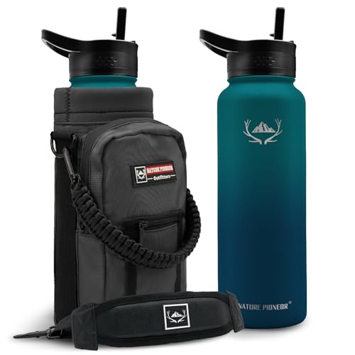 NATURE PIONEOR 40 oz Insulated Water Bottle with Carrier Bag & 3 Lids - color: Malachite Blue, size: 40 Ounces
