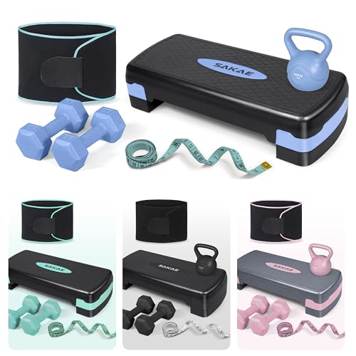 SAKAE Adjustable Aerobic Stepper Kit with Dumbbells & Kettlebell & Weightlifting Belt & Measuring Tape, 2 Level Risers Exercise Step Platform for Home Gym Exercise Fitness Workout, Multiple Colors - color: Blue