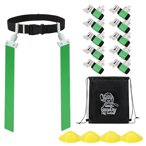 Gameday Flag Football Set – Kits for 2–14 Players w/Belts, Agility Cones & Carry Bag – Available in Multi Colors & Sizes - color: Green 10 Pcs, style: 10 Pcs