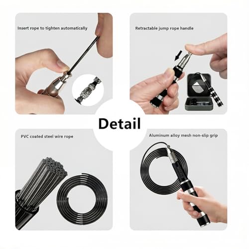 Retractable Jump Rope - No Tool Adjustable, Fits in Pocket, Tangle-Free Steel Cable for Travel & Gym - color: Black