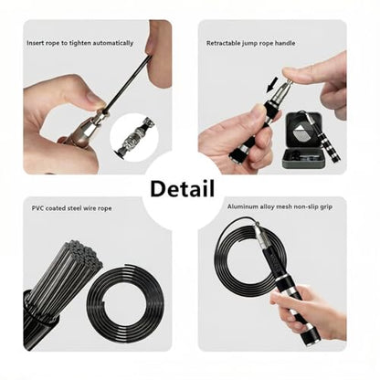 Retractable Jump Rope - No Tool Adjustable, Fits in Pocket, Tangle-Free Steel Cable for Travel & Gym - color: Black