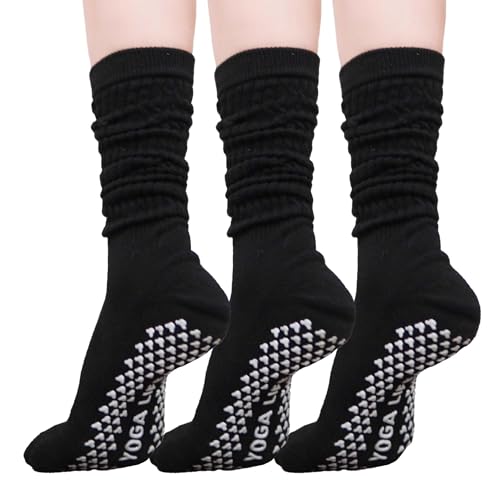 Grip Pilates Socks for Women Mid Calf Slouch Yoga Socks with Non Slip Grippers - color: Black-3pk