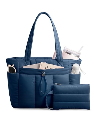 TOPDesign Puffy Tote Bag for Women with Cup Holder & Laptop Compartment & Cosmetic Bag & Trolley Sleeve for Work, Travel - color: Navy Blue, size: Medium
