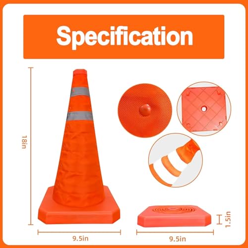 18 Inch 1 Pack Traffic Cones,Collapsible Safety Cones, Multi Purpose Pop-up Cones with Reflective Collar, Include Reflective Vest,Orange Cones for Parking lot, Driveway, Driving Training etc - size: 18Inch