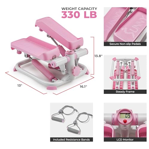 Sunny Health & Fitness Mini Stair Stepper w/Resistance Bands for Home Gym - color: Pink