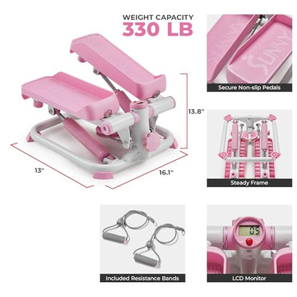 Sunny Health & Fitness Mini Stair Stepper w/Resistance Bands for Home Gym - color: Pink
