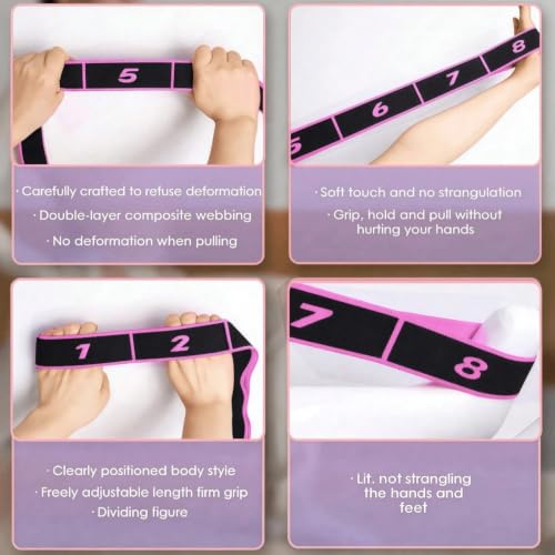 Yoga Stretch Strap with 8 Loops, Pilates Flexibility Strap - color: rose red
