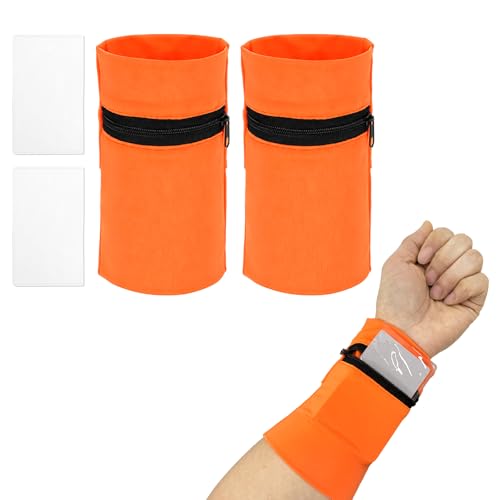 Wrist Pouch, Wrist Wallet Wristband with PVC Card Pouch Zipper Wristband Sports Sweatbands for Men and Women - color: Orange