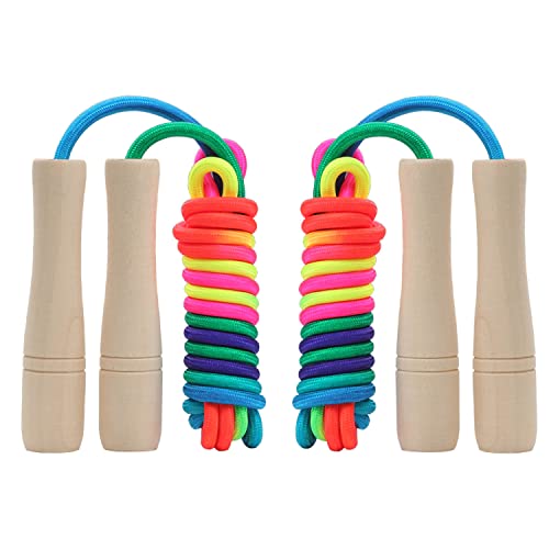 Jump Rope for Kids, Children Adjustable Cotton Skipping Rope with Wooden Handle for Boys Girls Fitness Outdoor Activity - color: Rainbow x2