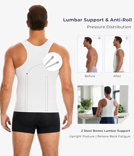 TAILONG Men's Compression Shirt - Shapewear Slimming Undershirt Tummy Control & Gynecomastia Vest Body Shaper Tank Top - color: White, size: XX-Large