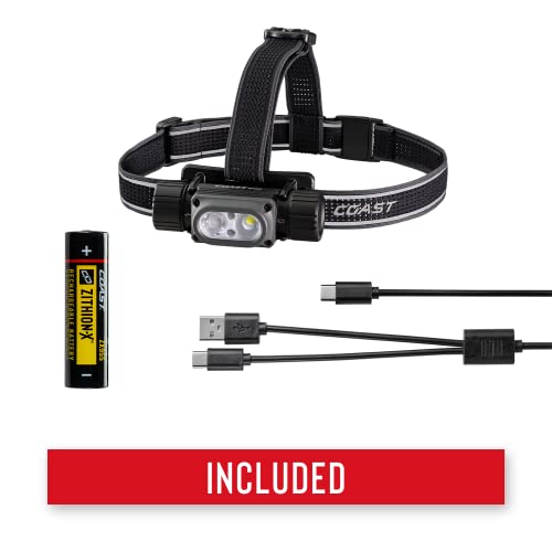 Coast WPH34R 2000 Lumen Waterproof Ultra Bright IP68 USB Rechargeable-Dual Power Headlamp, 6 Modes with Spot and Flood Beams, Black/Grey