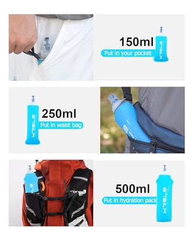 WRELS TPU Soft Flask Lightweight Portable Reusable Water Bottle,BPA Free Collapsible Flask for Hydration Pack in Running Hiking Cycling and Marathon - color: 500ml/16.9oz-2 Pack-Light Blue