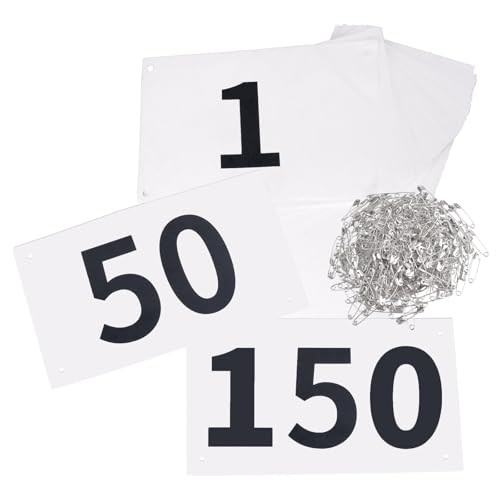 TRIWONDER Tyvek Running Bib Competitor Numbers with Safety Pins, Running Numbers Paper Tags 1-500, Tearproof and Waterproof 4 x 7 Inches for Marathon Races and Events Sports Games (1-150) - color: Black&White [4"x7"] 1-150