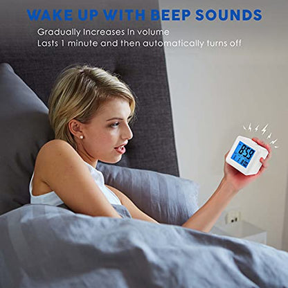Plumeet Easy to Set Digital Travel Alarm Clock, Snooze Function, Soft Night Light, Large Screen time and Month and Date Display and Alarm, Progressive Sound Alarm and Handy Size (White) - color: White