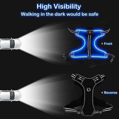 Light Up Dog Harness, Rechargeable LED Dog Vest for Night Walking - color: Black-Blue, size: M