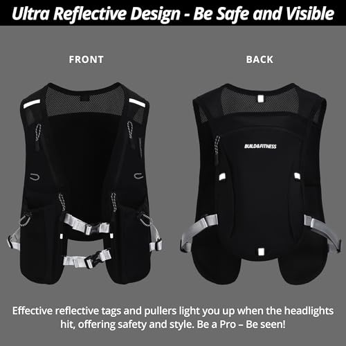 Running Hydration Vest for Women and Men. Reflective, 8 Pocket, Quick Dry, Water-Resistant, Breathable, Adjustable Backpack for Runs, Hiking, Cycling, Trails, Marathons - style: Black Vest + 2x 500ml Soft Flasks