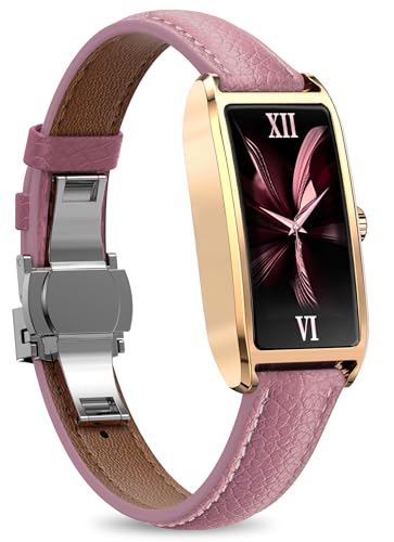 Elegant Smart Watch for Women AMOLED Fitness Tracker with Leather Band - color: Champagne Gold Blush Pink