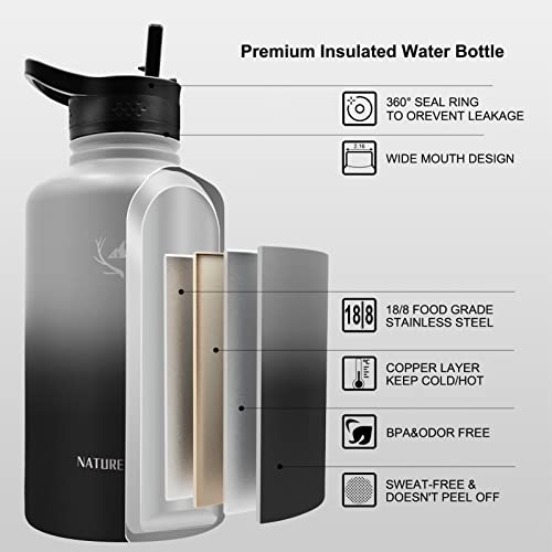 NATURE PIONEOR 64 oz Insulated Water Bottle with Carrier Bag & 3 Lids - color: Ash Grey, size: 64 Ounces