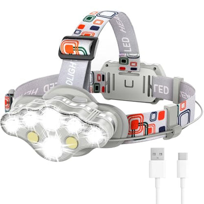 MIOISY 8 Led Headlamp Rechargeable, Super Bright Headlight Flashlight Gray - color: Gray