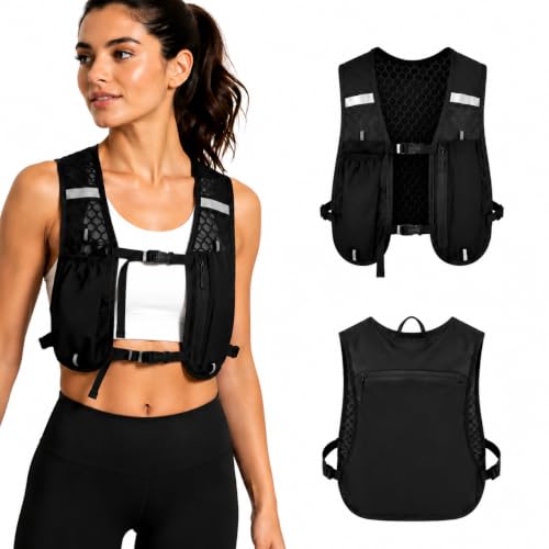 Running Vest for Women & Men, Hydration Vest with Water Bottle Holder and Zipper Phone Pocket, Lightweight Breathable Reflective Running Vest for Marathon. - color: Black