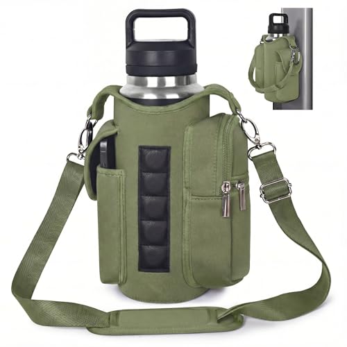 Magnetic Gym Bag for Women Men, Neoprene Water Bottle Carrier Bag with Strap fits 18-40oz, Crossbody Bag with Pockets - color: Sage Green