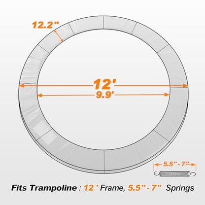 Exacme Trampoline Pad Replacement 16 15 14 13 12 10 8 Foot, Waterproof Safety Spring Cover Round Frame Pad, No Hole for Pole - color: Grey, size: Fit 12FT Frame Only, style: With Opening Design