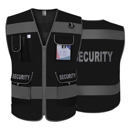 TCCFCCT Mesh Security Vest for Security Guard 9 Pockets High Vis, Black L - color: Black-bison 08, size: Large