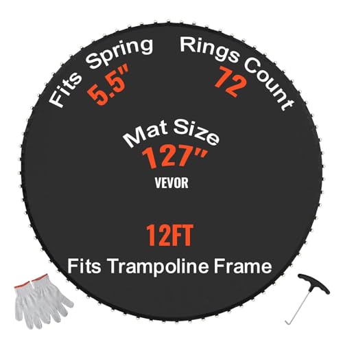 VEVOR Replacement Trampoline Mat, Jumping Mat Fits 12/13/14/15 ft Frame, Universal Jumping Round Trampoline, UV-Resistant Mat with Spring Tool & 72/80/92 V-Rings, Fit 5.5"/6.5"/7" Spring Length - style: 12FT-72 V-rings-Fit 5.5" Spring Length