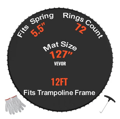 VEVOR Replacement Trampoline Mat, Jumping Mat Fits 12/13/14/15 ft Frame, Universal Jumping Round Trampoline, UV-Resistant Mat with Spring Tool & 72/80/92 V-Rings, Fit 5.5"/6.5"/7" Spring Length - style: 12FT-72 V-rings-Fit 5.5" Spring Length