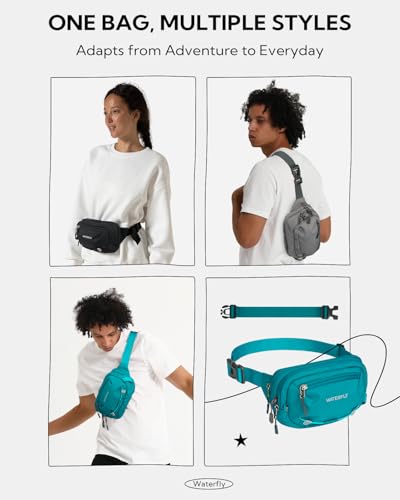 WATERFLY Small RFID Fanny Pack: 1.5L Waist Bag 12" Extender Belt for Hiking - color: Peacock Blue