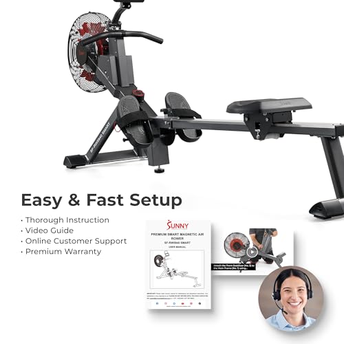 Sunny Health & Fitness Air Rowing Machine, Space-Saving Rower with Long Rail and Upright Storage for Home Gym, Full-Body Cardio Workout, Free SunnyFit Training App - color: Black