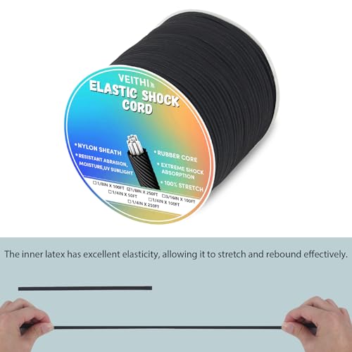Shock Cord 1/8 inch,Black Nylon Elastic Rope,Bungee Rope,Bungee Cord Roll 250 ft-Bungee Shock Cord for Camping, Kayak,Decks for Repairing Tent Poles, DIY, Tie Downs - style: 1/8inx250ft Black