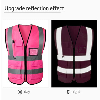 High Visibility Safety Vest with Reflective Strips & Pockets - color: Pink, size: Small