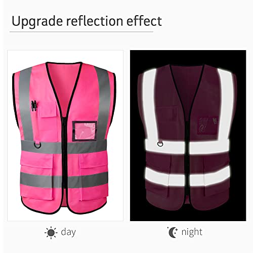High Visibility Safety Vest with Reflective Strips & Pockets - color: Pink, size: X-Large