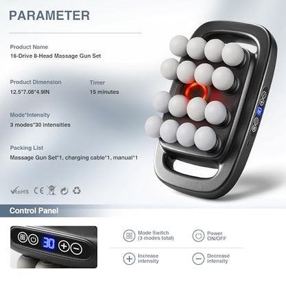 16 Head Massage Gun Deep Tissue, Multi-Head Percussion Massager with 30 Speeds & 3 Modes, Red Light Therapy, Muscle Massager for Back, Legs, Waist, Buttocks, Quiet Powerful Body Massager, Gray