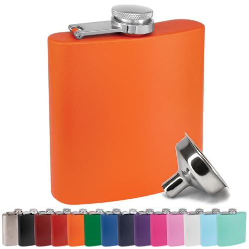 Clear Water Home Goods 6 oz Hip Flask w/Funnel, Matte Orange - color: Matte Orange