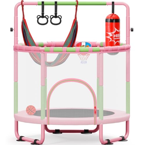 Yohood 55" Trampoline for Kids with Enclosure, 6-in-1 Toddler Trampoline Indoor Outdoor, Upgrade Full Anti-Rust Tube with Adjustable Gymnastics Bars for Boys Girls Ages 3-10
