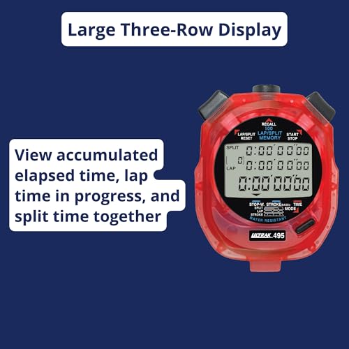 ULTRAK 495 Stopwatch – Red Professional 100-Lap Digital Timer, Countdown Interval Tracker, Water-Resistant Sports Watch, Chronograph for Coaching & Training - color: Red